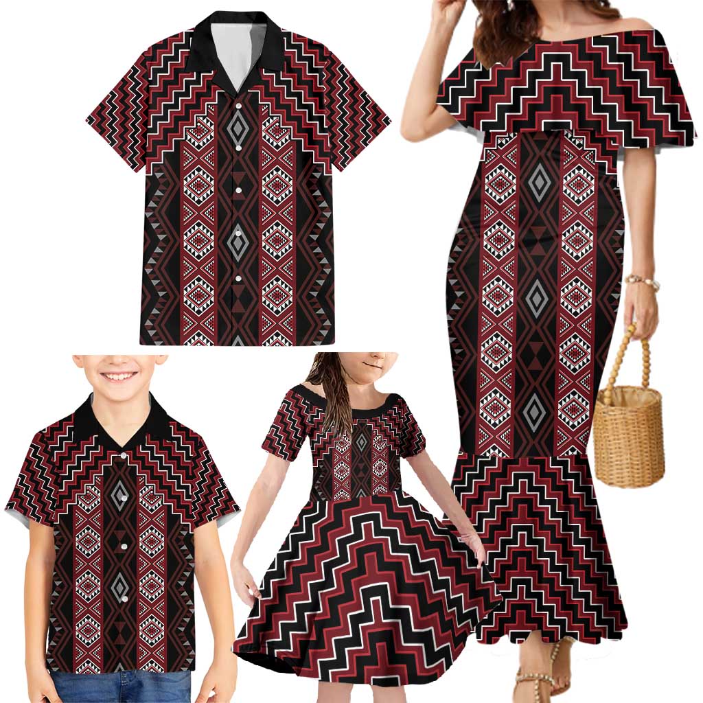 New Zealand Aotearoa Family Matching Mermaid Dress and Hawaiian Shirt Red Poutama With Taniko Pattern LT05