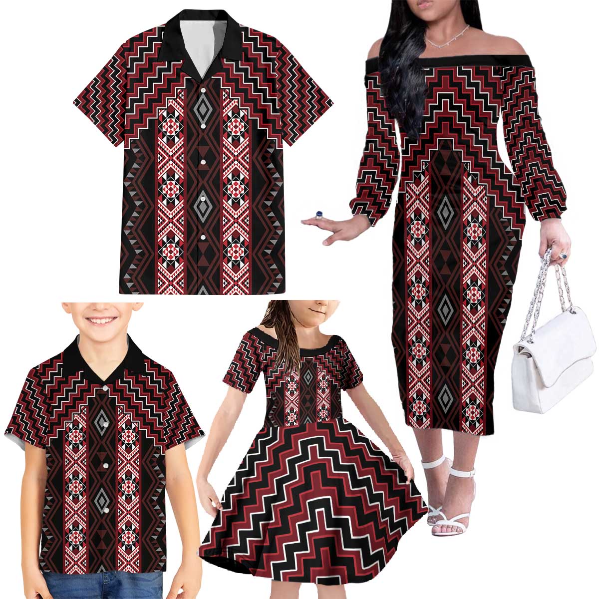 New Zealand Aotearoa Family Matching Off The Shoulder Long Sleeve Dress and Hawaiian Shirt Red Poutama With Taniko Pattern