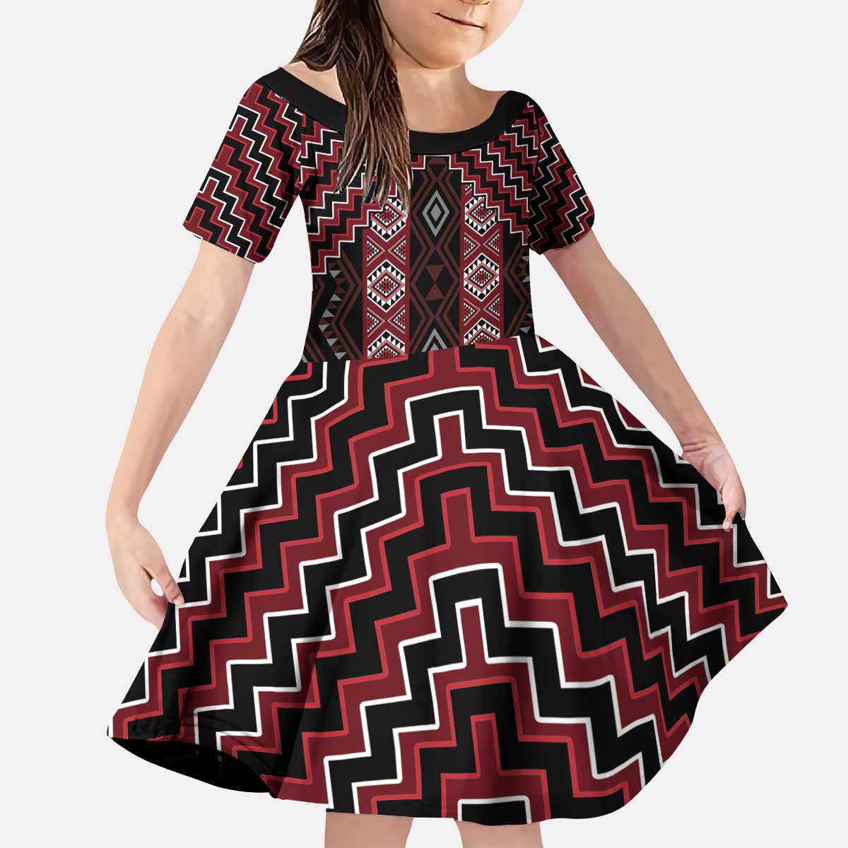 New Zealand Aotearoa Kid Short Sleeve Dress Red Poutama With Taniko Pattern LT05 KID Red - Polynesian Pride