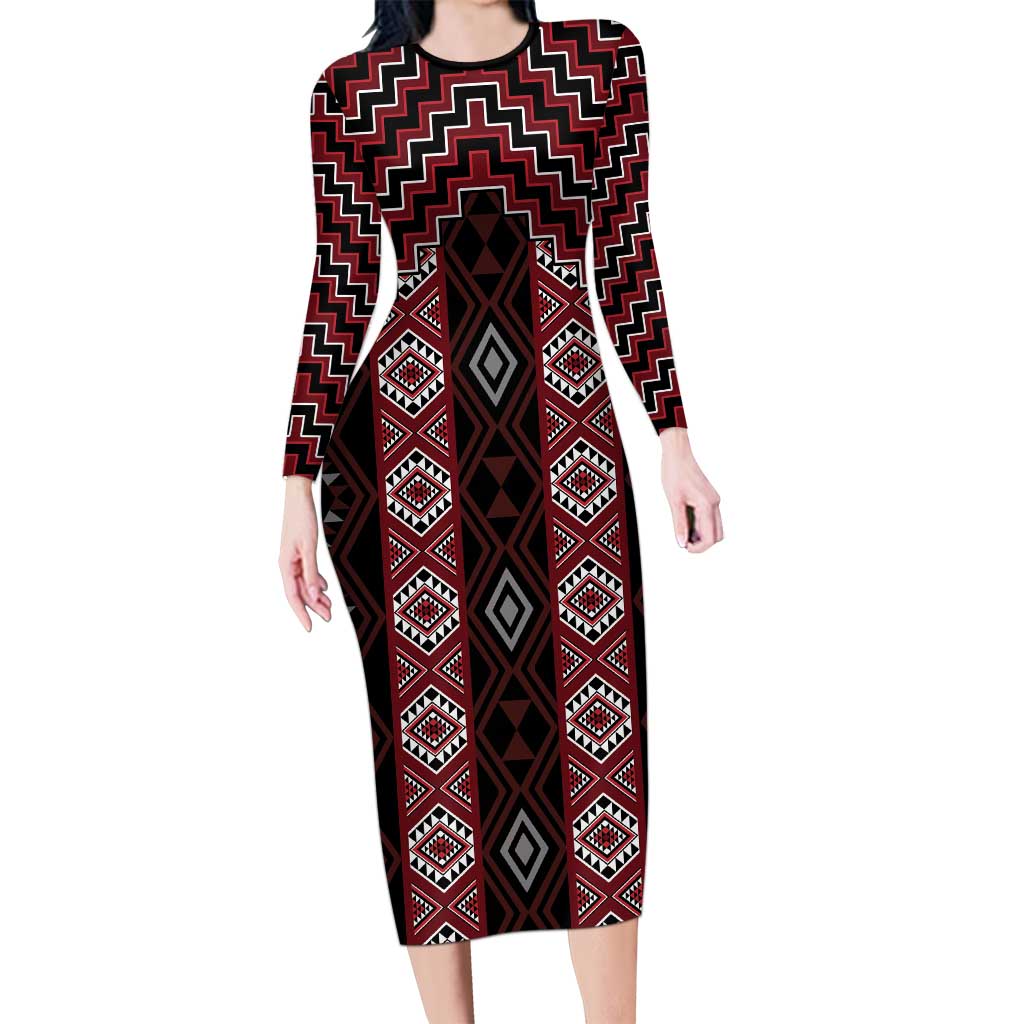 New Zealand Aotearoa Long Sleeve Bodycon Dress Red Poutama With Taniko Pattern LT05 Long Dress Red - Polynesian Pride