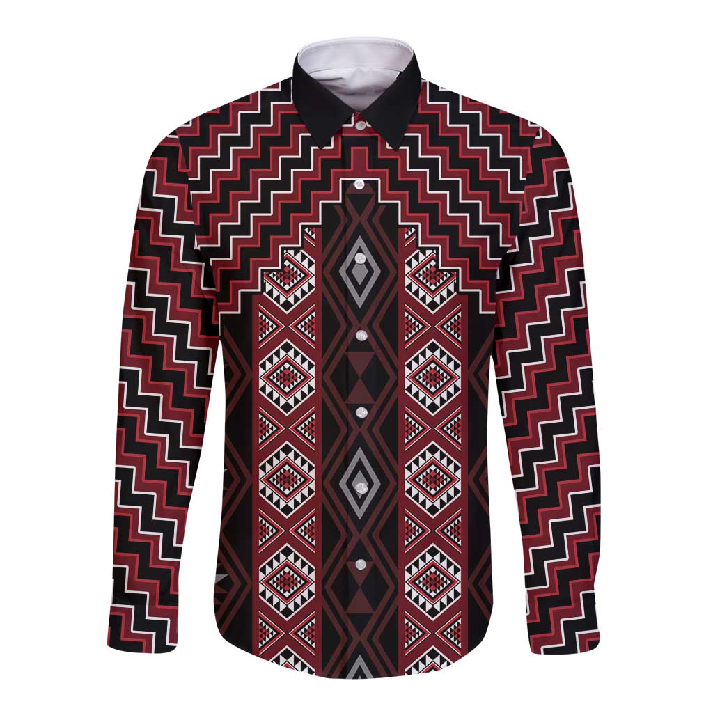 New Zealand Aotearoa Long Sleeve Button Shirt Red Poutama With Taniko Pattern LT05 Unisex Red - Polynesian Pride