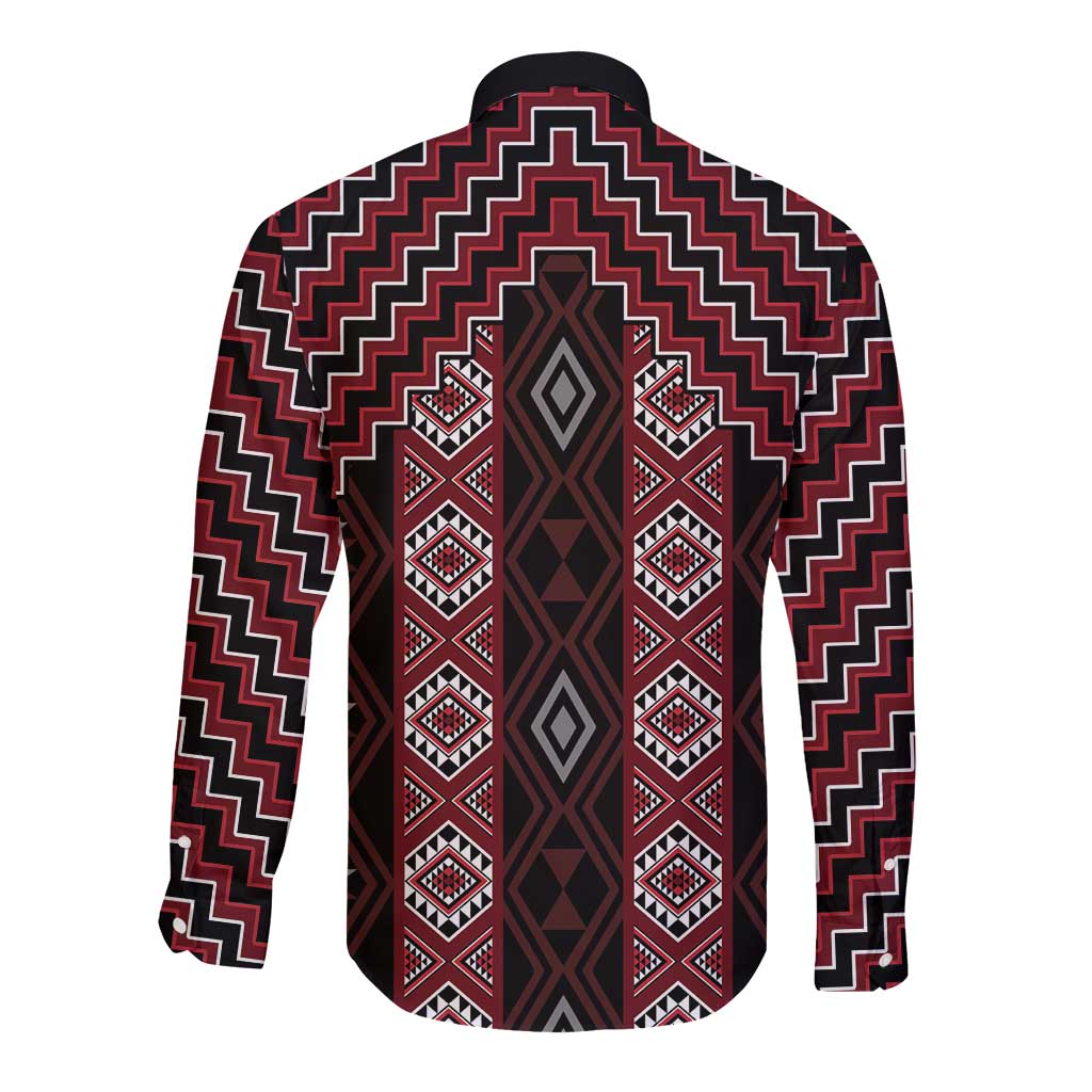 New Zealand Aotearoa Long Sleeve Button Shirt Red Poutama With Taniko Pattern LT05 - Polynesian Pride