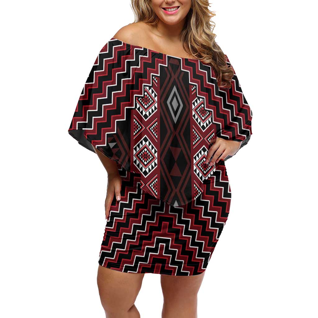 New Zealand Aotearoa Off Shoulder Short Dress Red Poutama With Taniko Pattern LT05 Women Red - Polynesian Pride