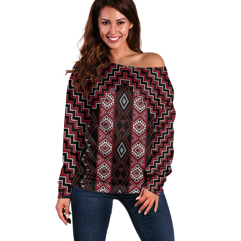 New Zealand Aotearoa Off Shoulder Sweater Red Poutama With Taniko Pattern LT05 Women Red - Polynesian Pride