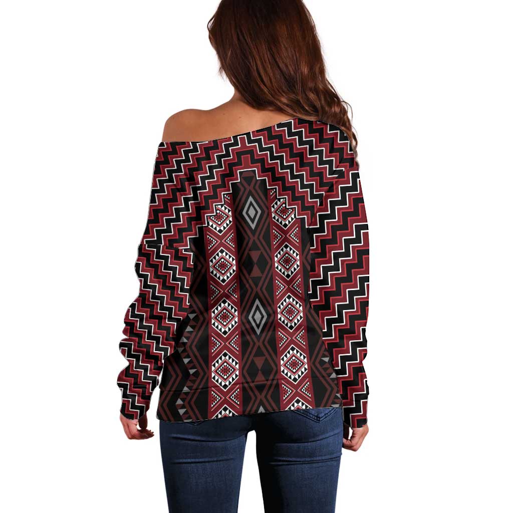 New Zealand Aotearoa Off Shoulder Sweater Red Poutama With Taniko Pattern LT05 - Polynesian Pride