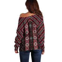 New Zealand Aotearoa Off Shoulder Sweater Red Poutama With Taniko Pattern LT05 - Polynesian Pride