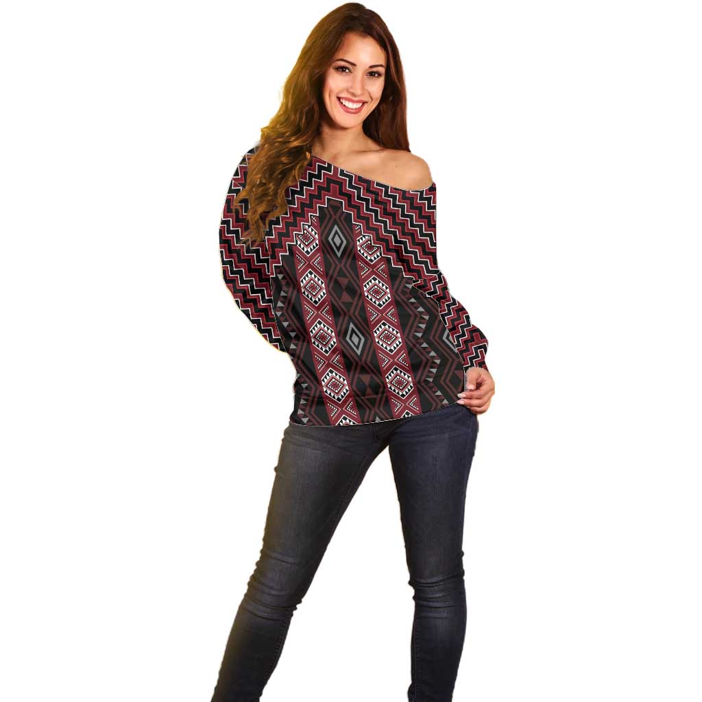 New Zealand Aotearoa Off Shoulder Sweater Red Poutama With Taniko Pattern LT05 - Polynesian Pride