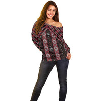 New Zealand Aotearoa Off Shoulder Sweater Red Poutama With Taniko Pattern LT05 - Polynesian Pride
