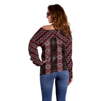 New Zealand Aotearoa Off Shoulder Sweater Red Poutama With Taniko Pattern LT05 - Polynesian Pride