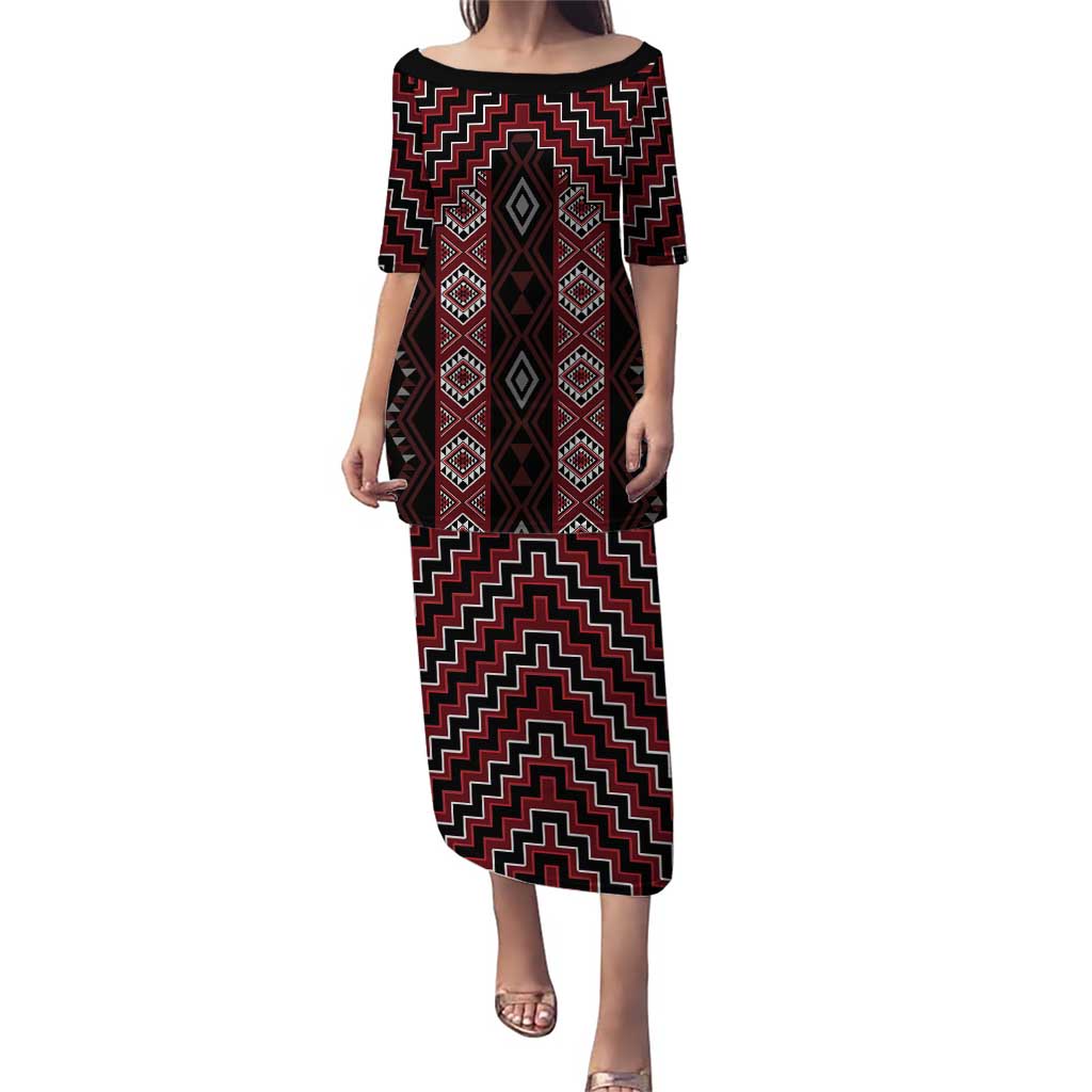 New Zealand Aotearoa Puletasi Red Poutama With Taniko Pattern LT05 Long Dress Red - Polynesian Pride