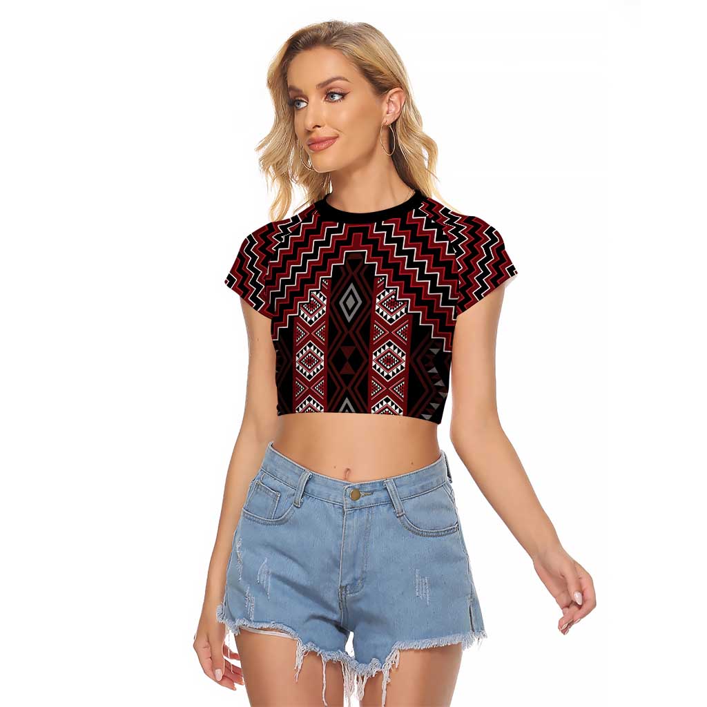 New Zealand Aotearoa Raglan Cropped T Shirt Red Poutama With Taniko Pattern LT05 Female Red - Polynesian Pride