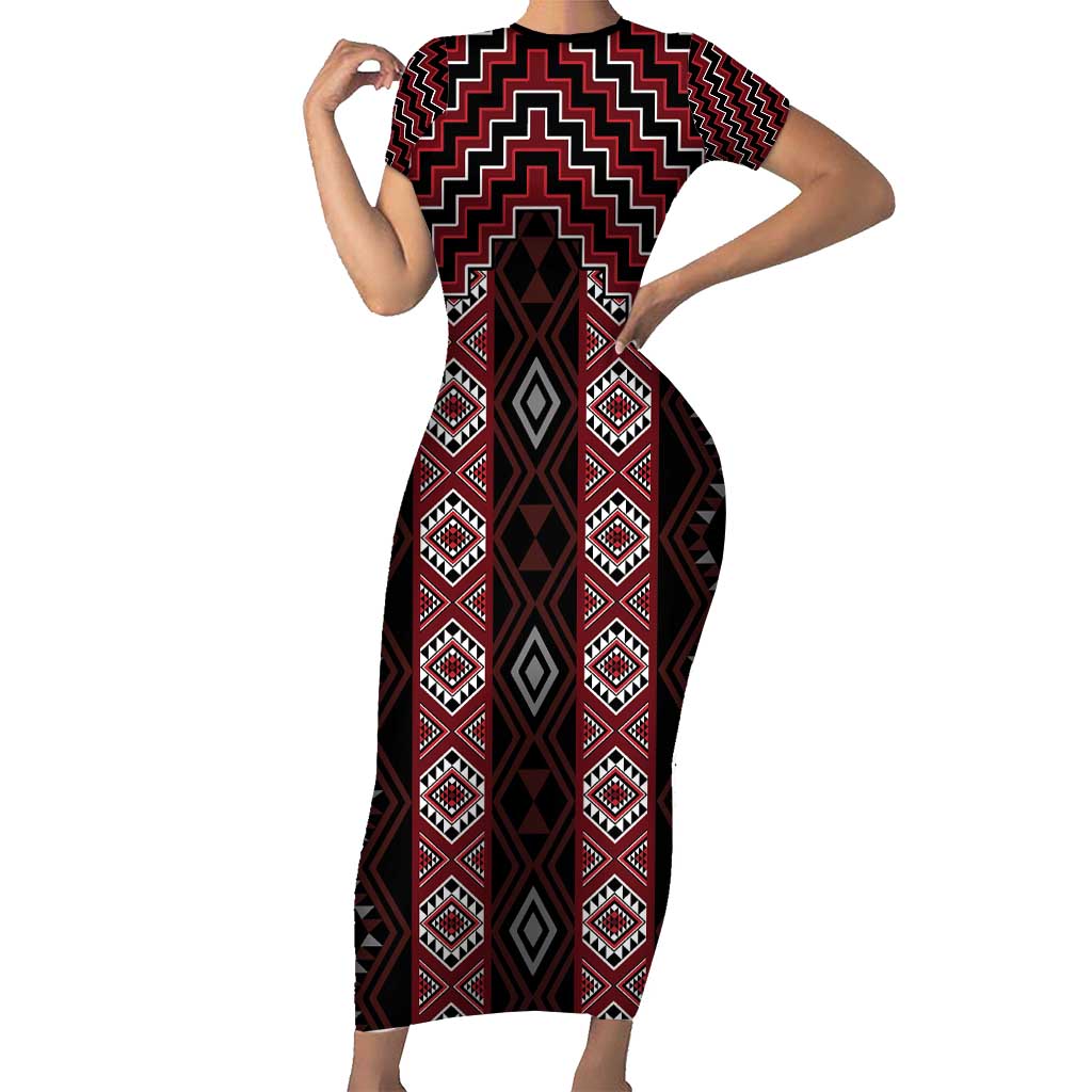 New Zealand Aotearoa Short Sleeve Bodycon Dress Red Poutama With Taniko Pattern LT05 Long Dress Red - Polynesian Pride