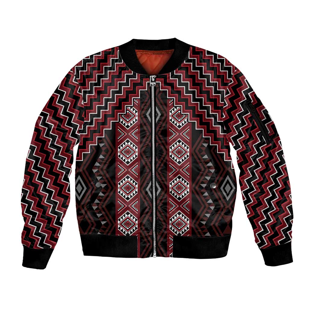New Zealand Aotearoa Sleeve Zip Bomber Jacket Red Poutama With Taniko Pattern LT05 Unisex Red - Polynesian Pride