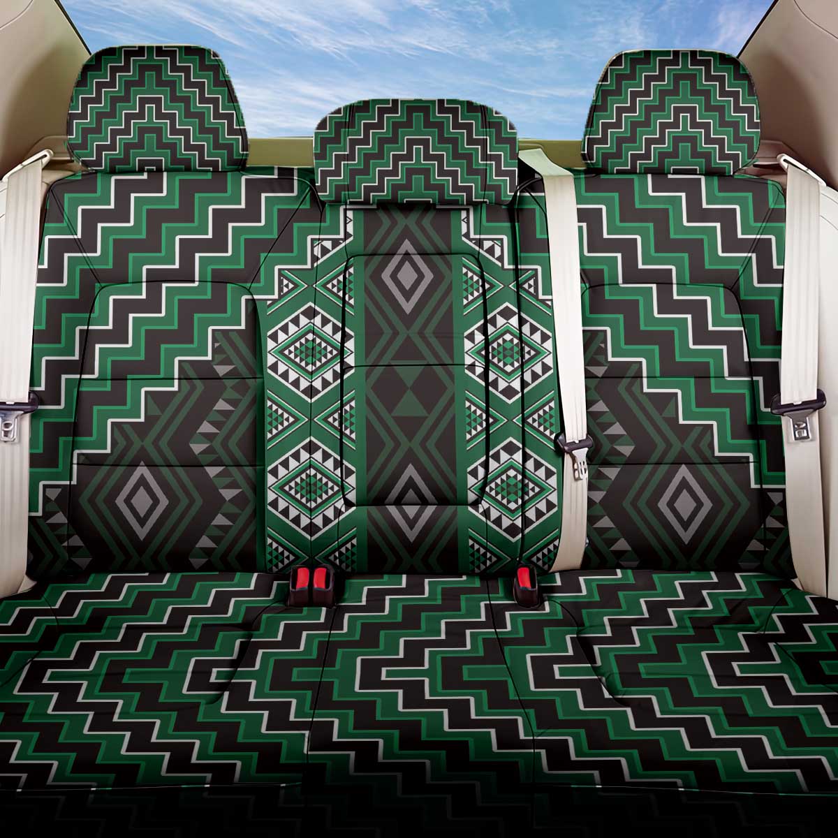 New Zealand Aotearoa Back Car Seat Cover Green Poutama With Taniko Pattern LT05 One Size Green - Polynesian Pride