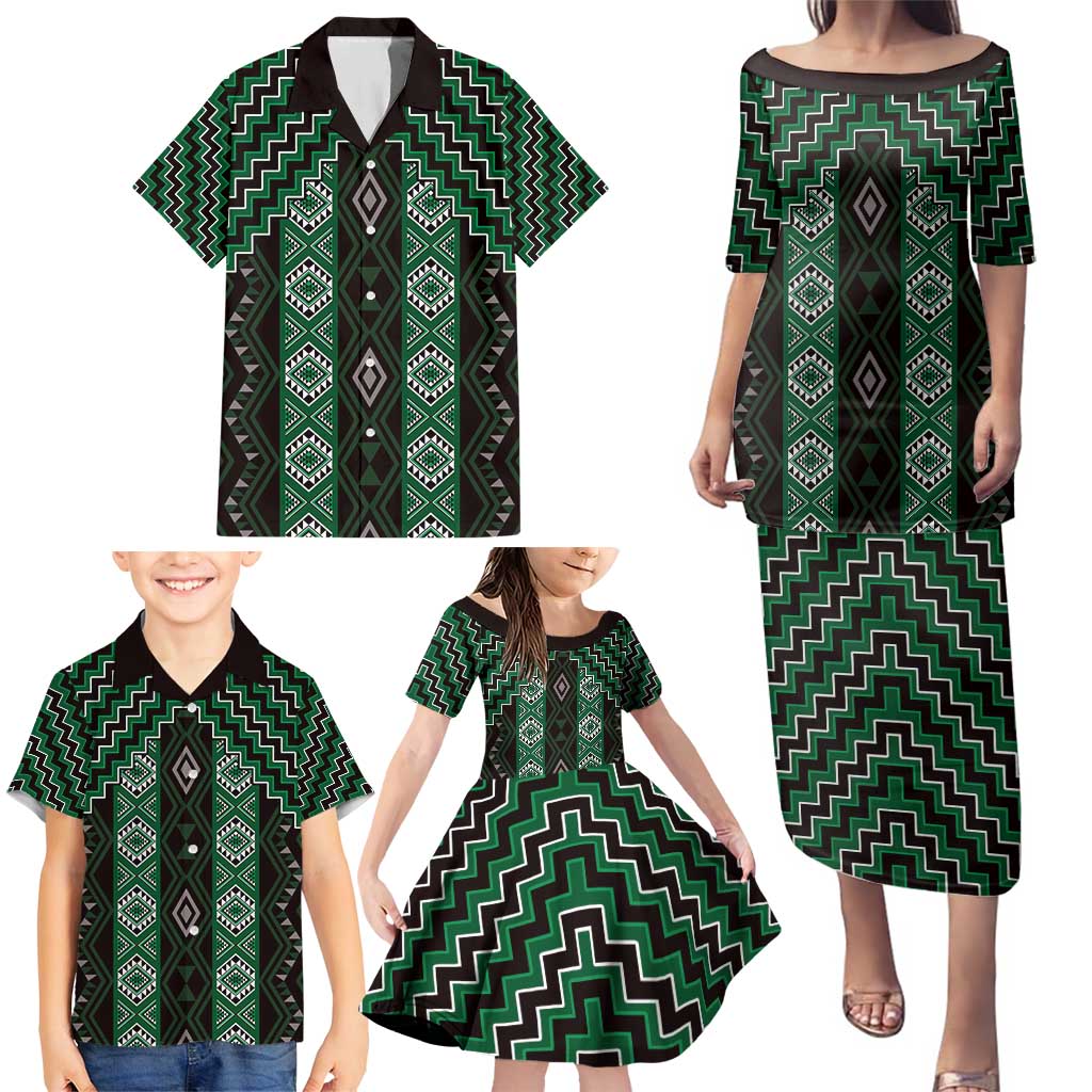 New Zealand Aotearoa Family Matching Puletasi and Hawaiian Shirt Green Poutama With Taniko Pattern LT05