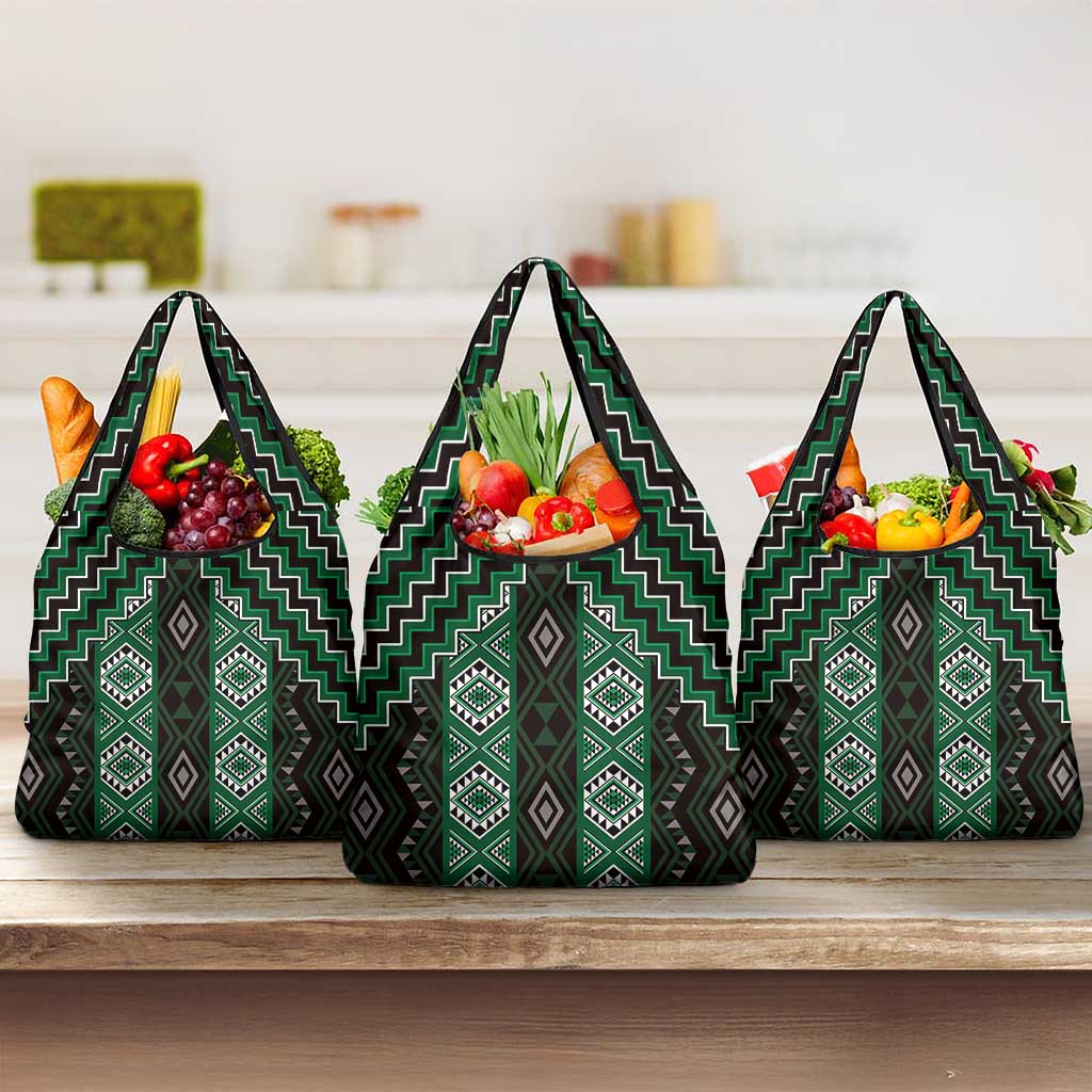 New Zealand Aotearoa Grocery Bag Green Poutama With Taniko Pattern LT05 3-pack One Size Green - Polynesian Pride