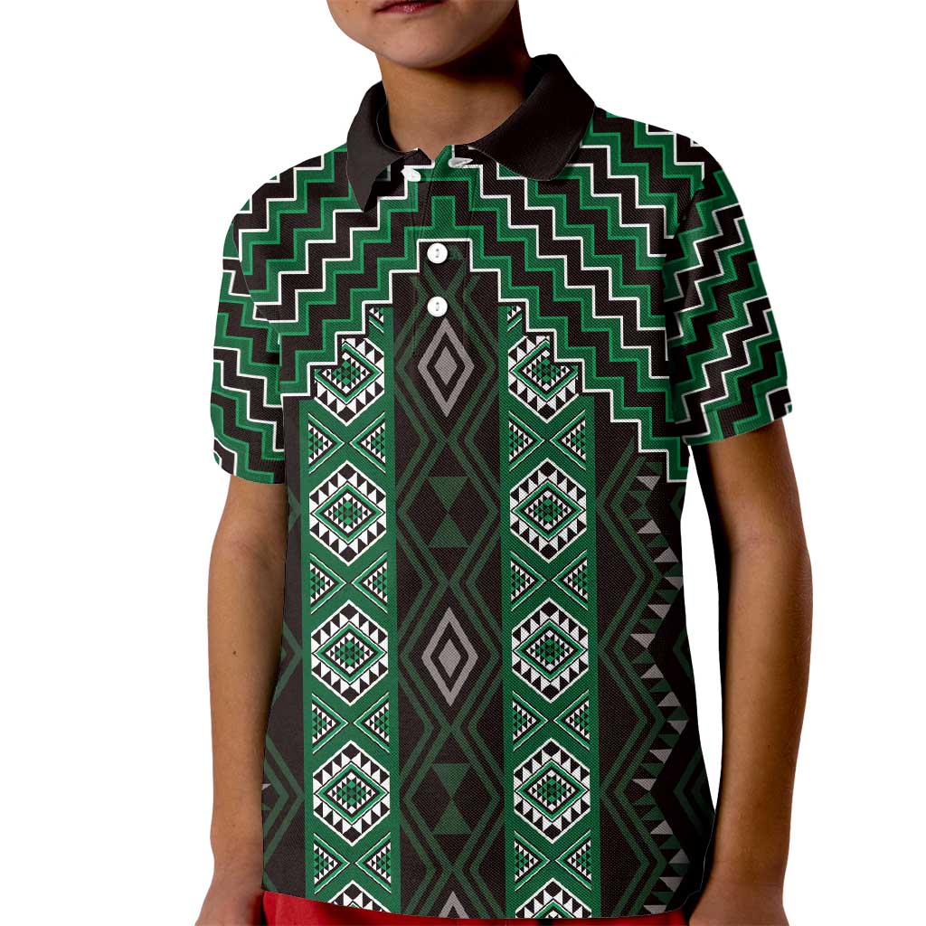New Zealand Aotearoa Kid Polo Shirt Green Poutama With Taniko Pattern LT05 Kid Green - Polynesian Pride