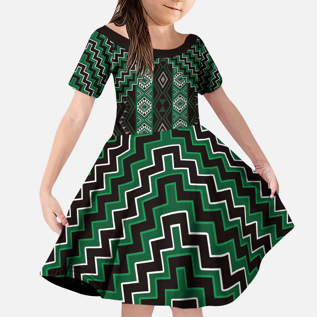 New Zealand Aotearoa Kid Short Sleeve Dress Green Poutama With Taniko Pattern LT05 KID Green - Polynesian Pride