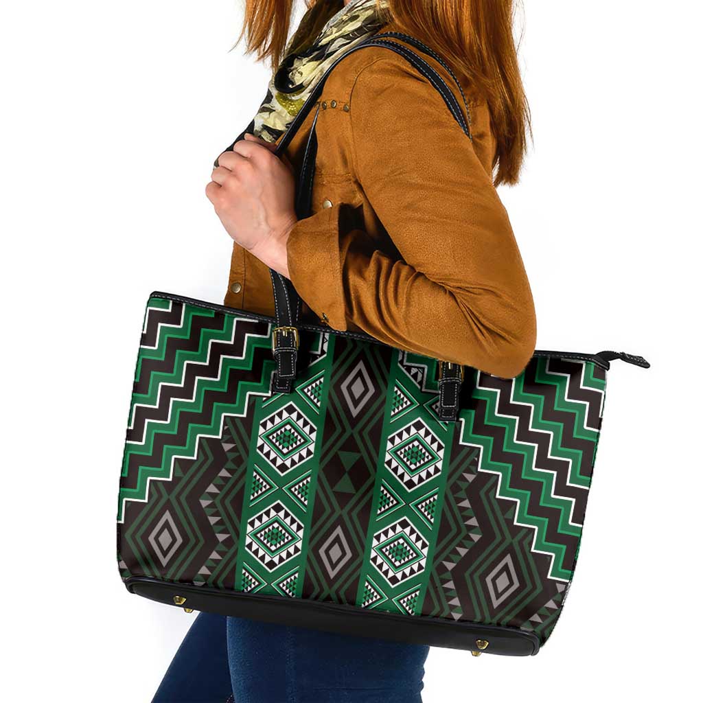 New Zealand Aotearoa Leather Tote Bag Green Poutama With Taniko Pattern LT05 Green - Polynesian Pride