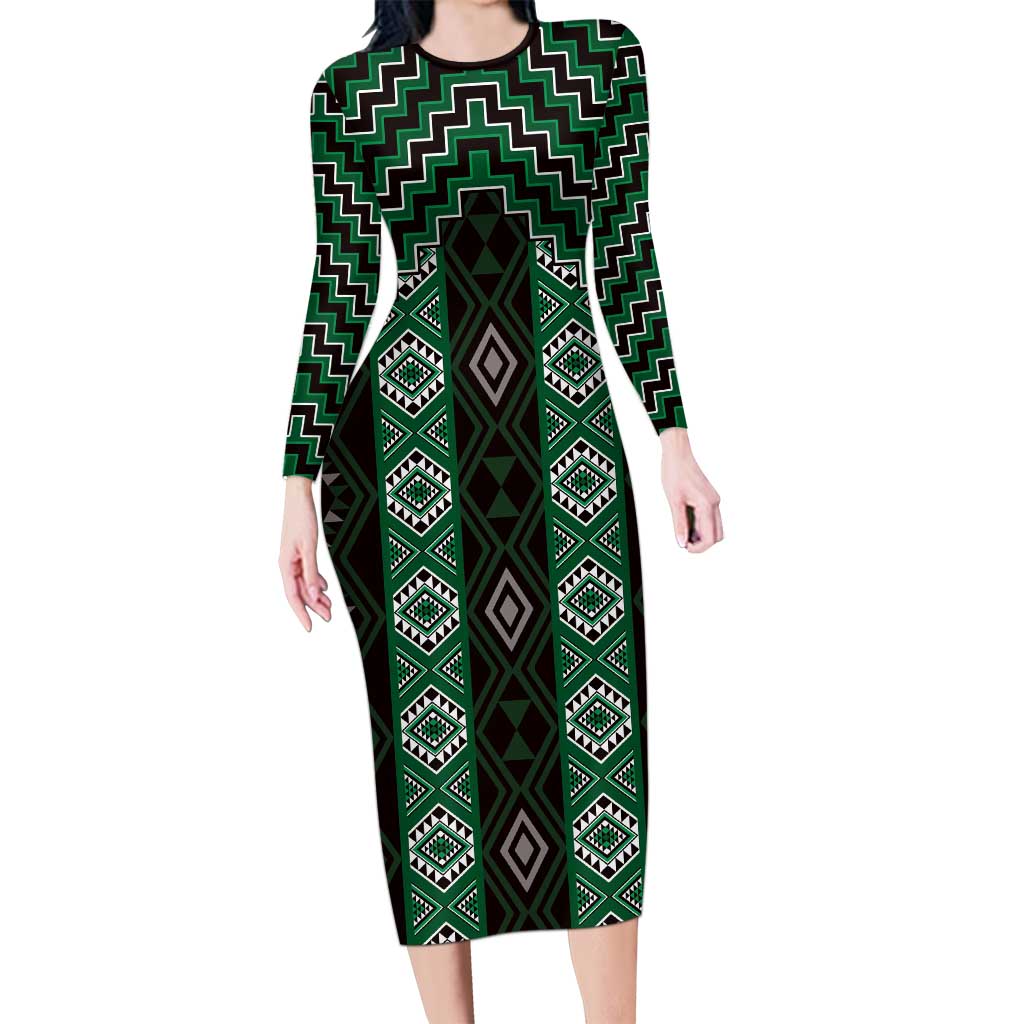 New Zealand Aotearoa Long Sleeve Bodycon Dress Green Poutama With Taniko Pattern LT05 Long Dress Green - Polynesian Pride