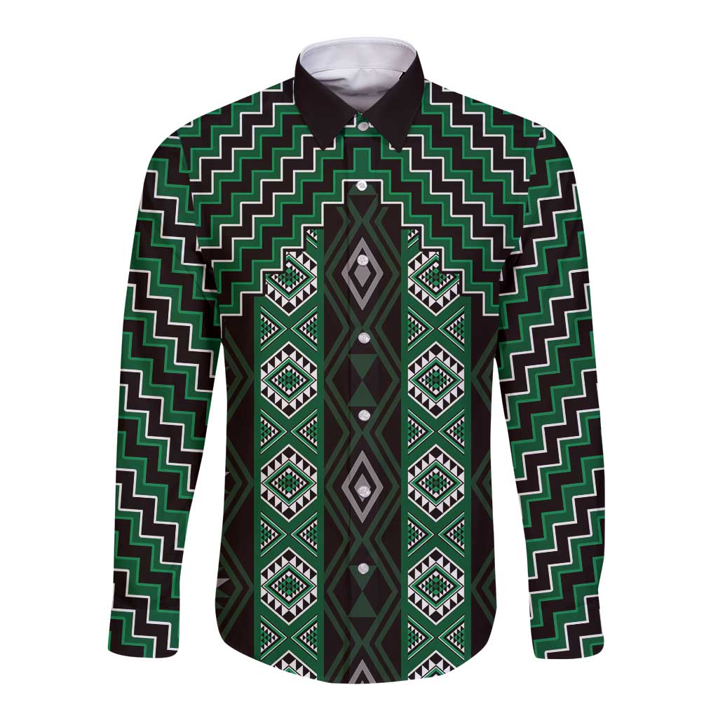 New Zealand Aotearoa Long Sleeve Button Shirt Green Poutama With Taniko Pattern LT05 Unisex Green - Polynesian Pride