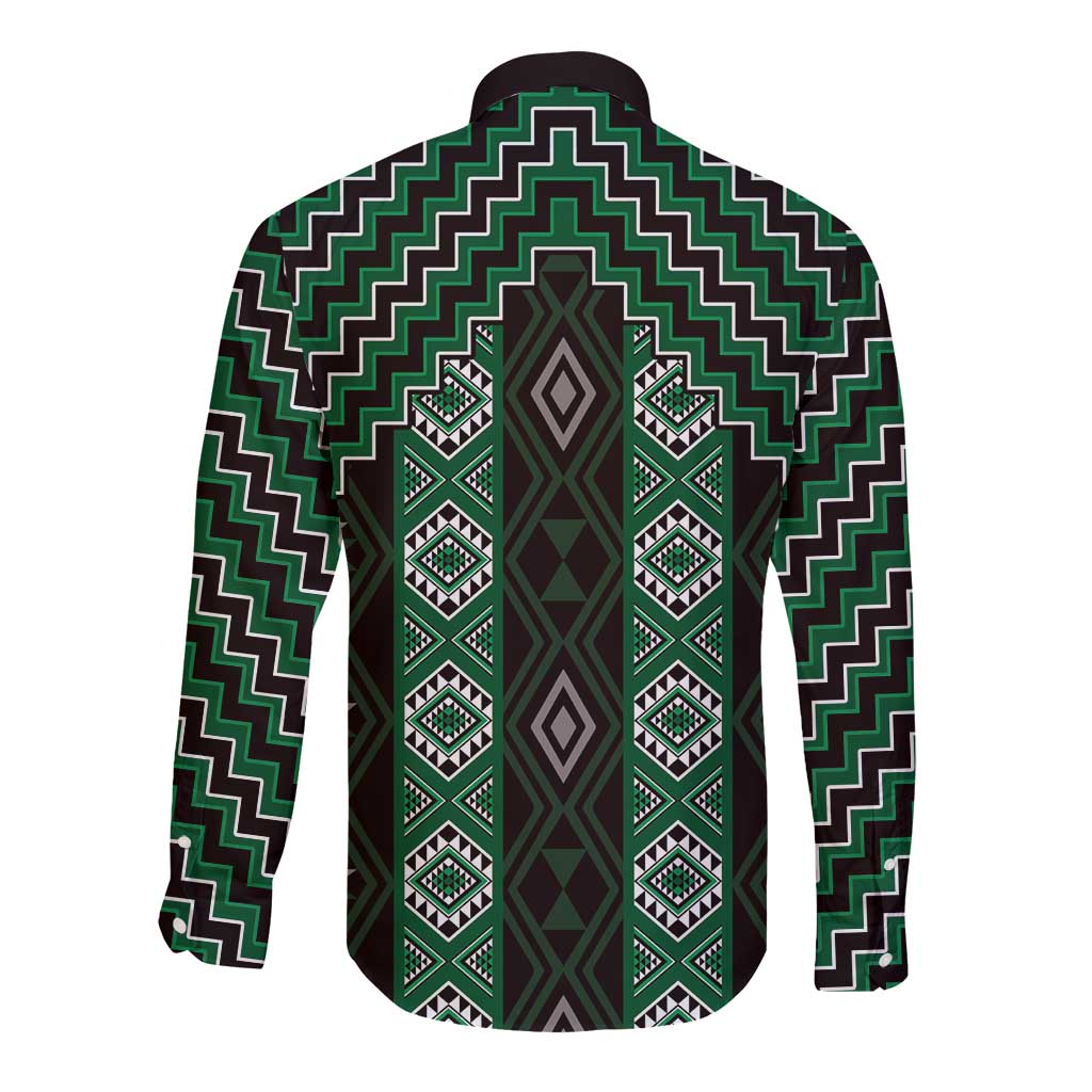 New Zealand Aotearoa Long Sleeve Button Shirt Green Poutama With Taniko Pattern LT05 - Polynesian Pride