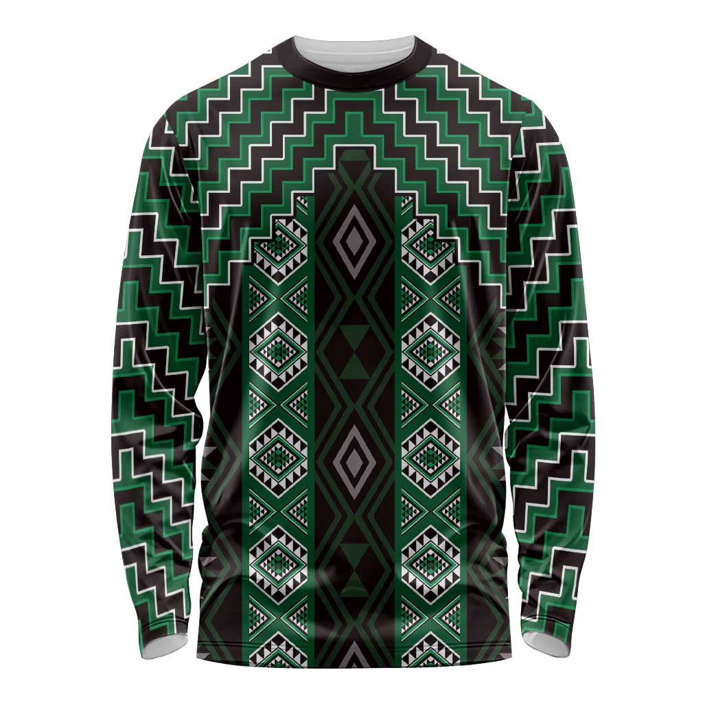 New Zealand Aotearoa Long Sleeve Shirt Green Poutama With Taniko Pattern LT05 Unisex Green - Polynesian Pride