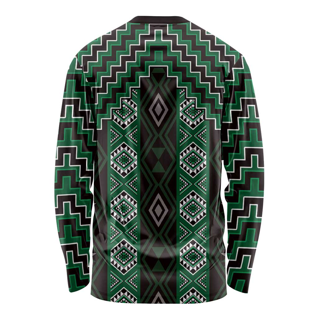 New Zealand Aotearoa Long Sleeve Shirt Green Poutama With Taniko Pattern LT05 - Polynesian Pride