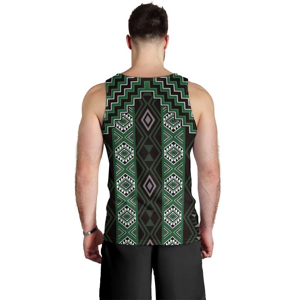 New Zealand Aotearoa Men Tank Top Green Poutama With Taniko Pattern LT05 - Polynesian Pride