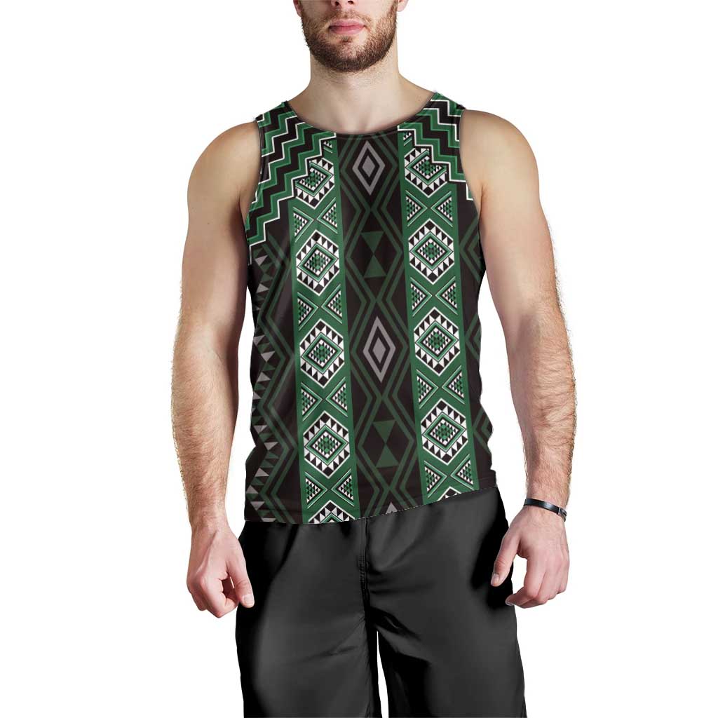 New Zealand Aotearoa Men Tank Top Green Poutama With Taniko Pattern LT05 - Polynesian Pride