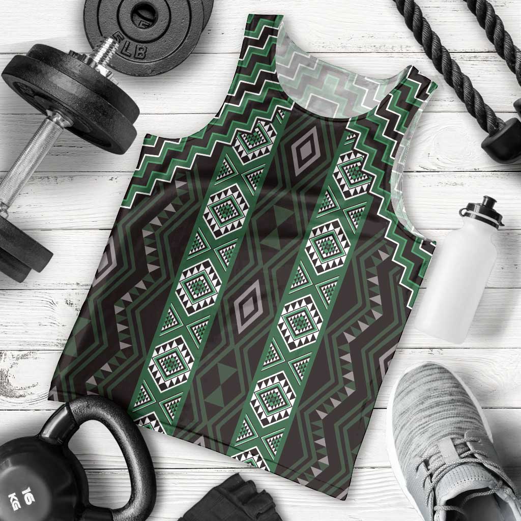 New Zealand Aotearoa Men Tank Top Green Poutama With Taniko Pattern LT05 - Polynesian Pride