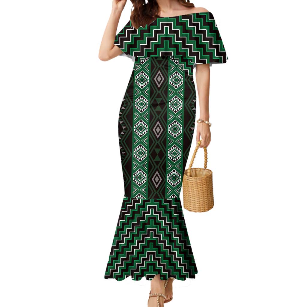 New Zealand Aotearoa Mermaid Dress Green Poutama With Taniko Pattern LT05 Women Green - Polynesian Pride