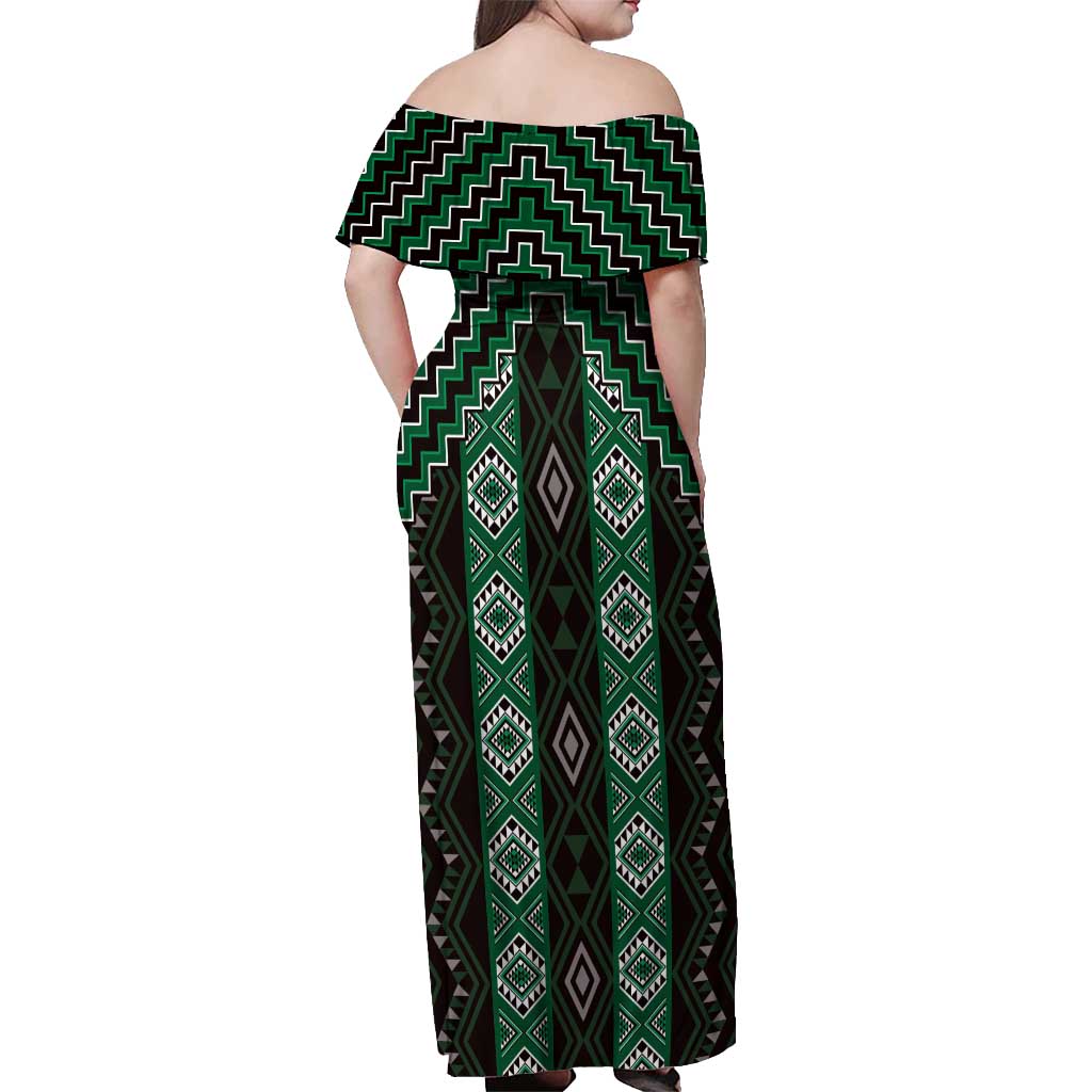 New Zealand Aotearoa Off Shoulder Maxi Dress Green Poutama With Taniko Pattern LT05 - Polynesian Pride