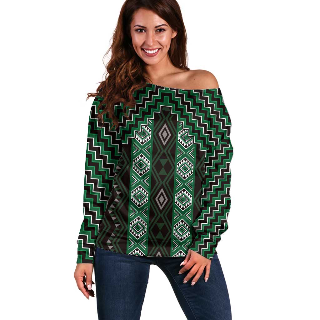 New Zealand Aotearoa Off Shoulder Sweater Green Poutama With Taniko Pattern LT05 Women Green - Polynesian Pride