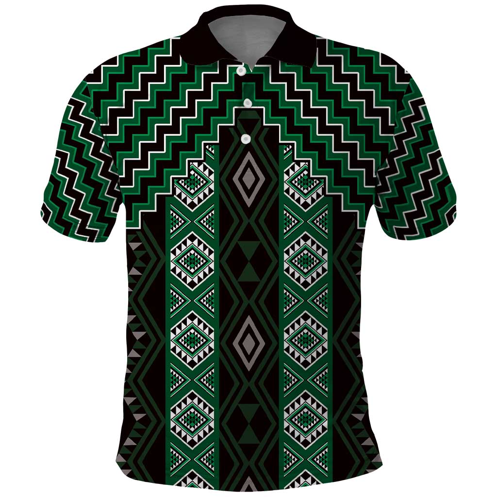 New Zealand Aotearoa Polo Shirt Green Poutama With Taniko Pattern LT05