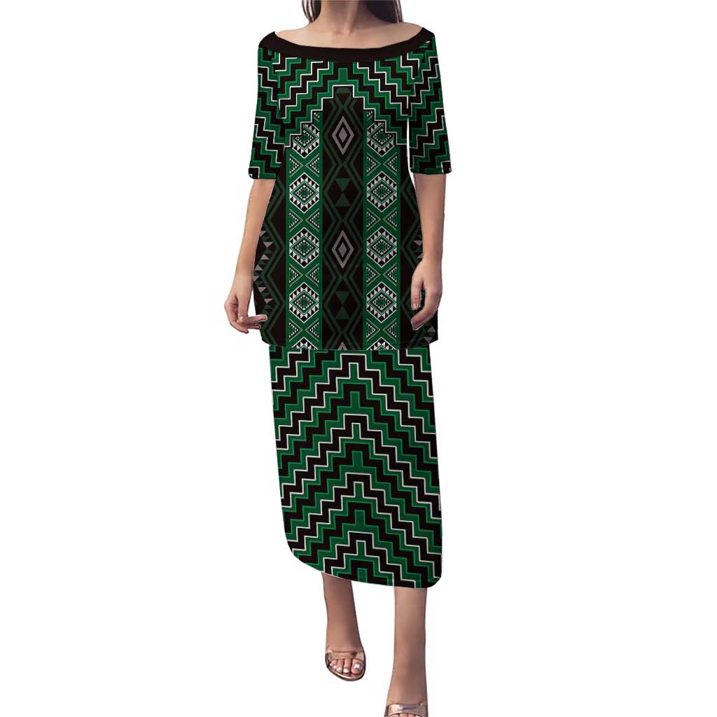 New Zealand Aotearoa Puletasi Green Poutama With Taniko Pattern LT05 Long Dress Green - Polynesian Pride