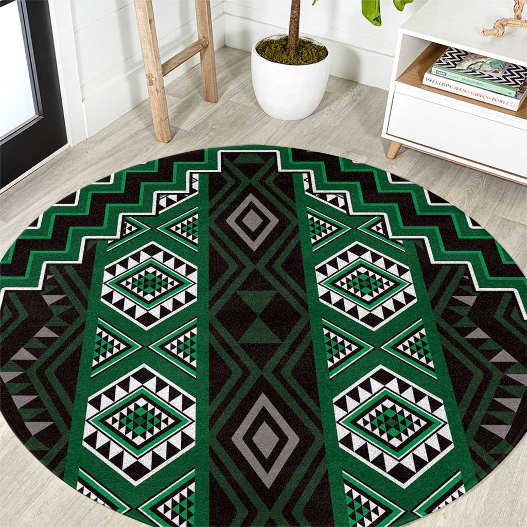 New Zealand Aotearoa Round Carpet Green Poutama With Taniko Pattern LT05 Green - Polynesian Pride