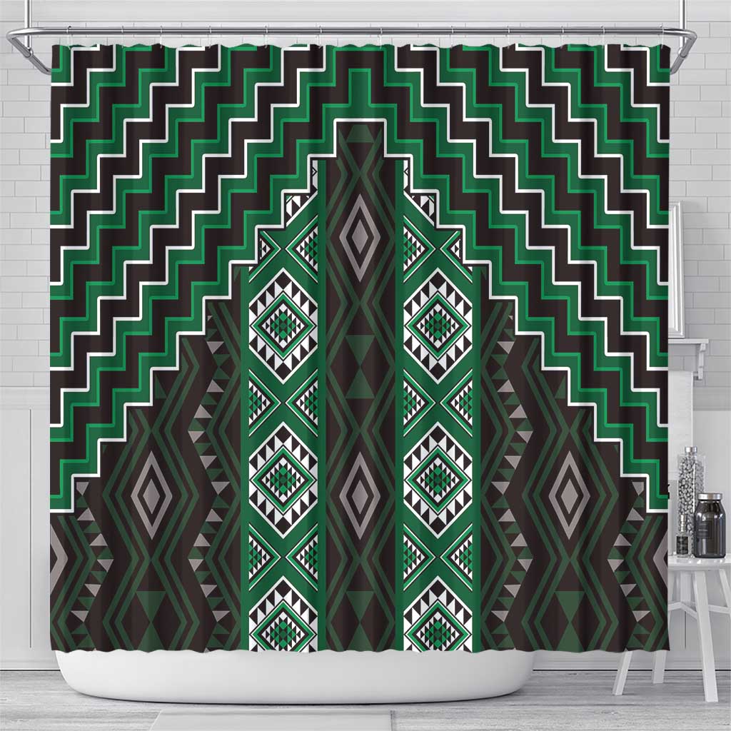 New Zealand Aotearoa Shower Curtain Green Poutama With Taniko Pattern LT05 - Polynesian Pride