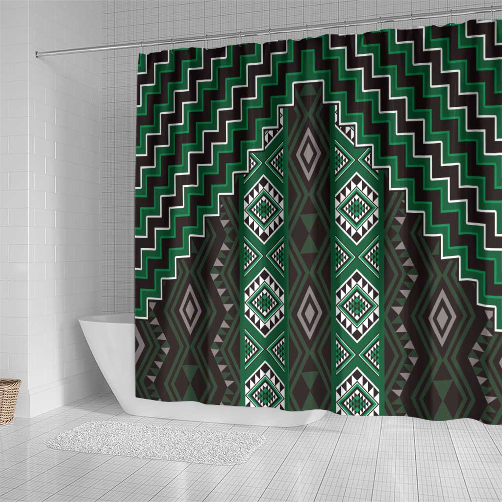 New Zealand Aotearoa Shower Curtain Green Poutama With Taniko Pattern LT05 - Polynesian Pride