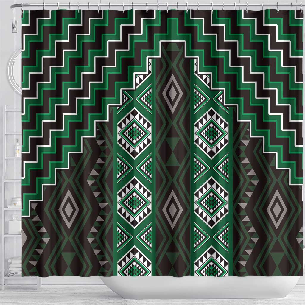 New Zealand Aotearoa Shower Curtain Green Poutama With Taniko Pattern LT05 - Polynesian Pride