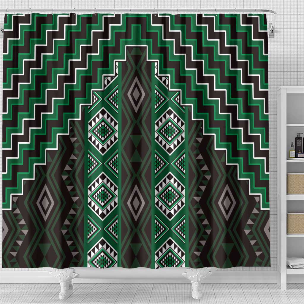 New Zealand Aotearoa Shower Curtain Green Poutama With Taniko Pattern LT05 - Polynesian Pride