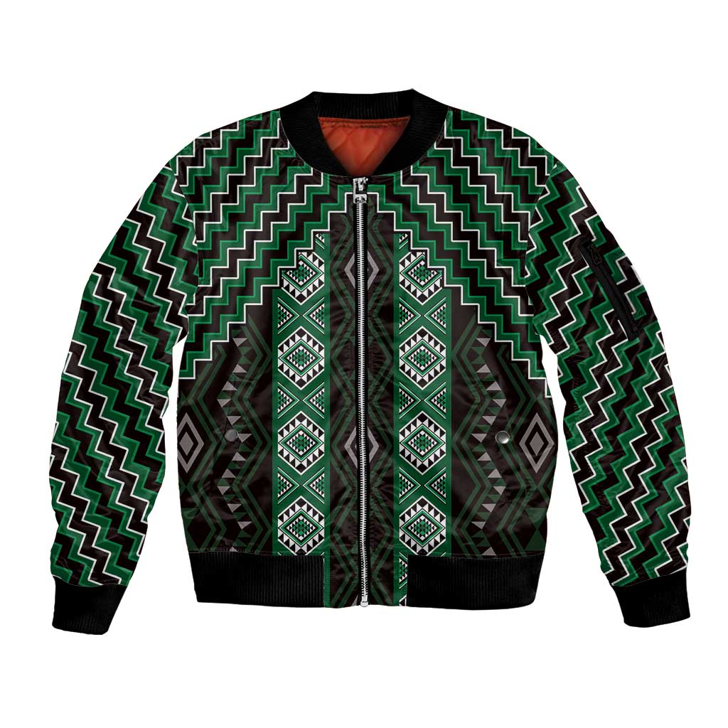 New Zealand Aotearoa Sleeve Zip Bomber Jacket Green Poutama With Taniko Pattern LT05 Unisex Green - Polynesian Pride