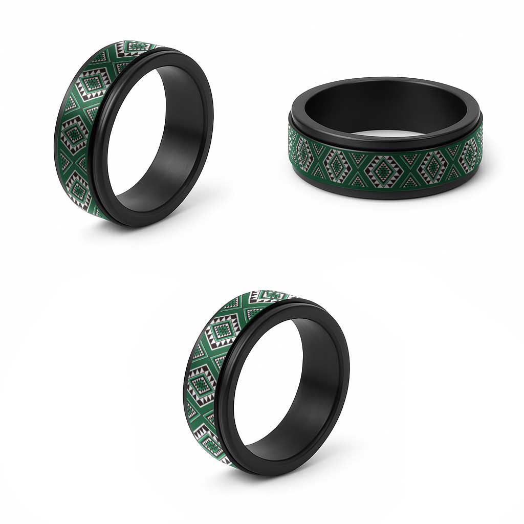 New Zealand Aotearoa Spinner Ring Green Poutama With Taniko Pattern LT05 - Polynesian Pride