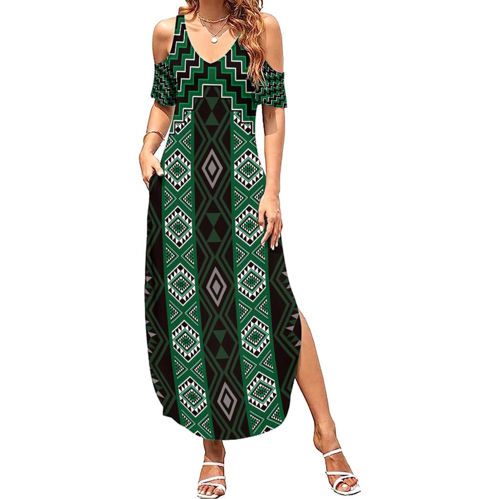 New Zealand Aotearoa Summer Maxi Dress Green Poutama With Taniko Pattern LT05 Women Green - Polynesian Pride