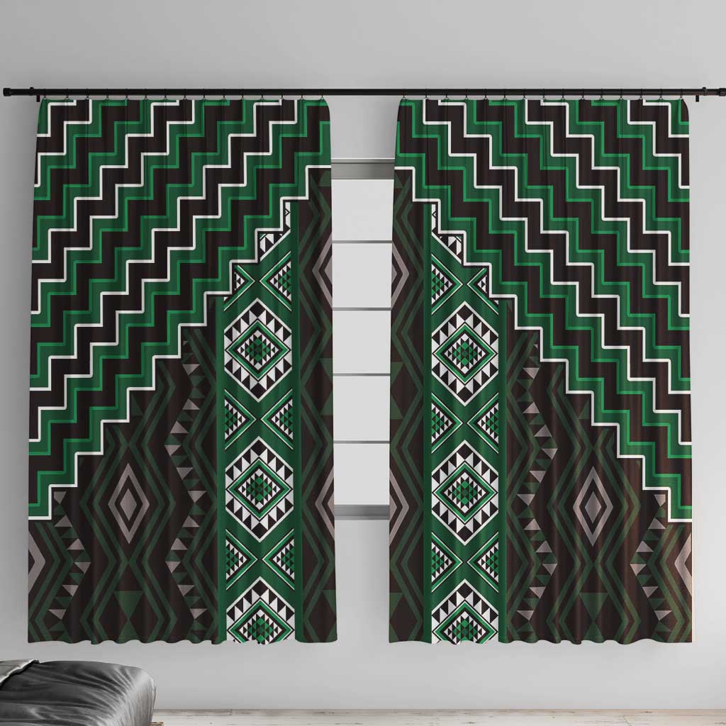New Zealand Aotearoa Window Curtain Green Poutama With Taniko Pattern LT05 With Hooks Green - Polynesian Pride