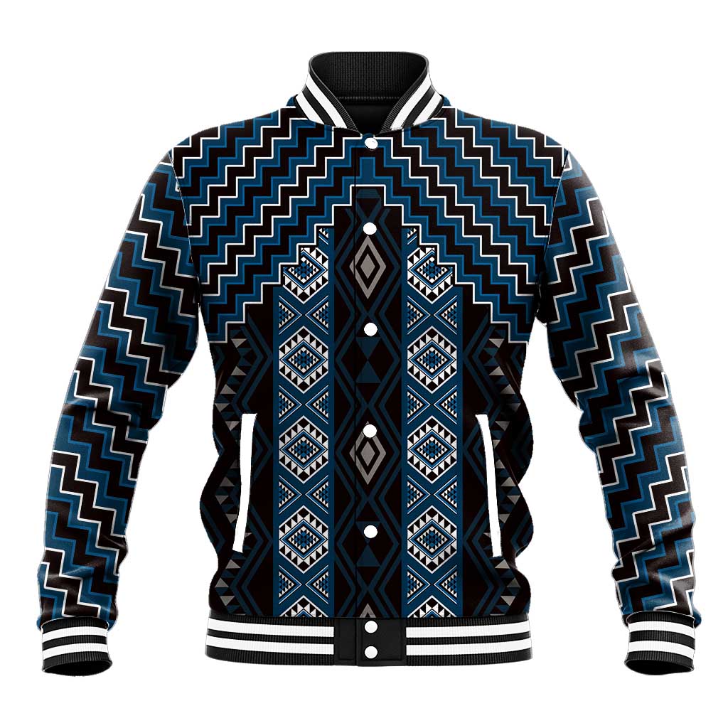 New Zealand Aotearoa Baseball Jacket Blue Poutama With Taniko Pattern LT05 Unisex Blue - Polynesian Pride