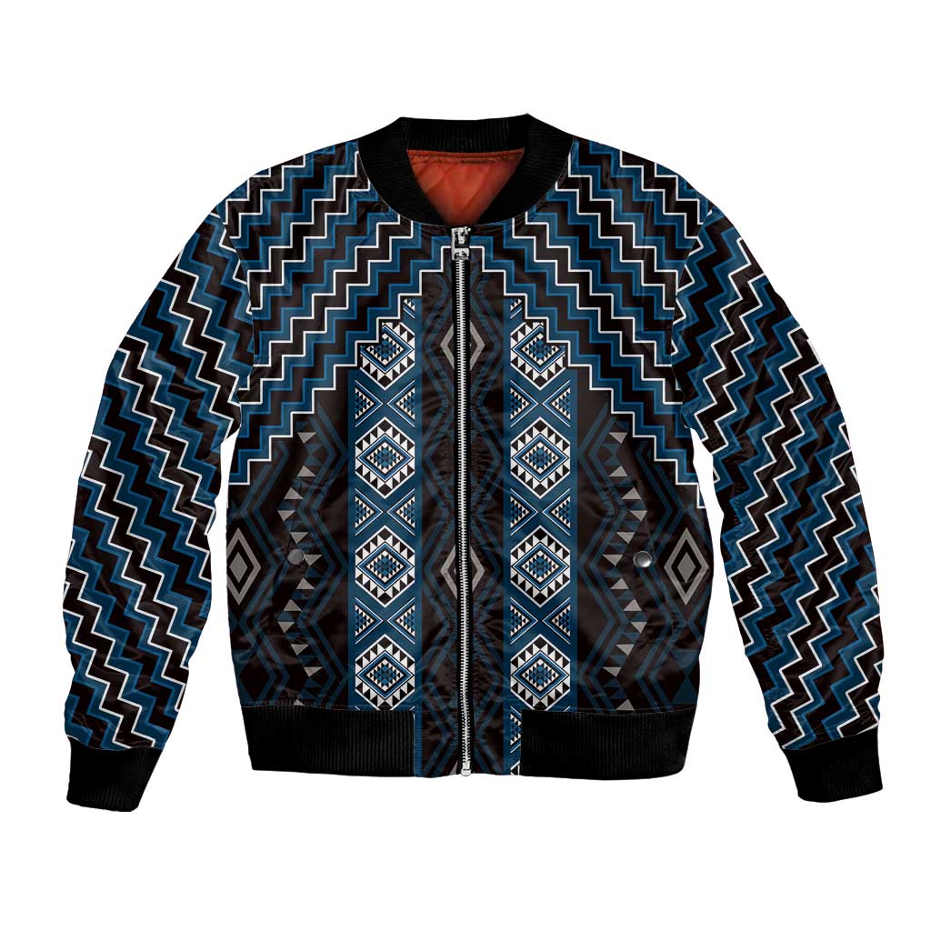 New Zealand Aotearoa Bomber Jacket Blue Poutama With Taniko Pattern LT05 Unisex Blue - Polynesian Pride