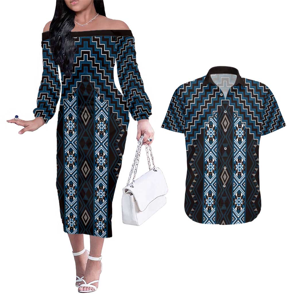 New Zealand Aotearoa Couples Matching Off The Shoulder Long Sleeve Dress and Hawaiian Shirt Blue Poutama With Taniko Pattern