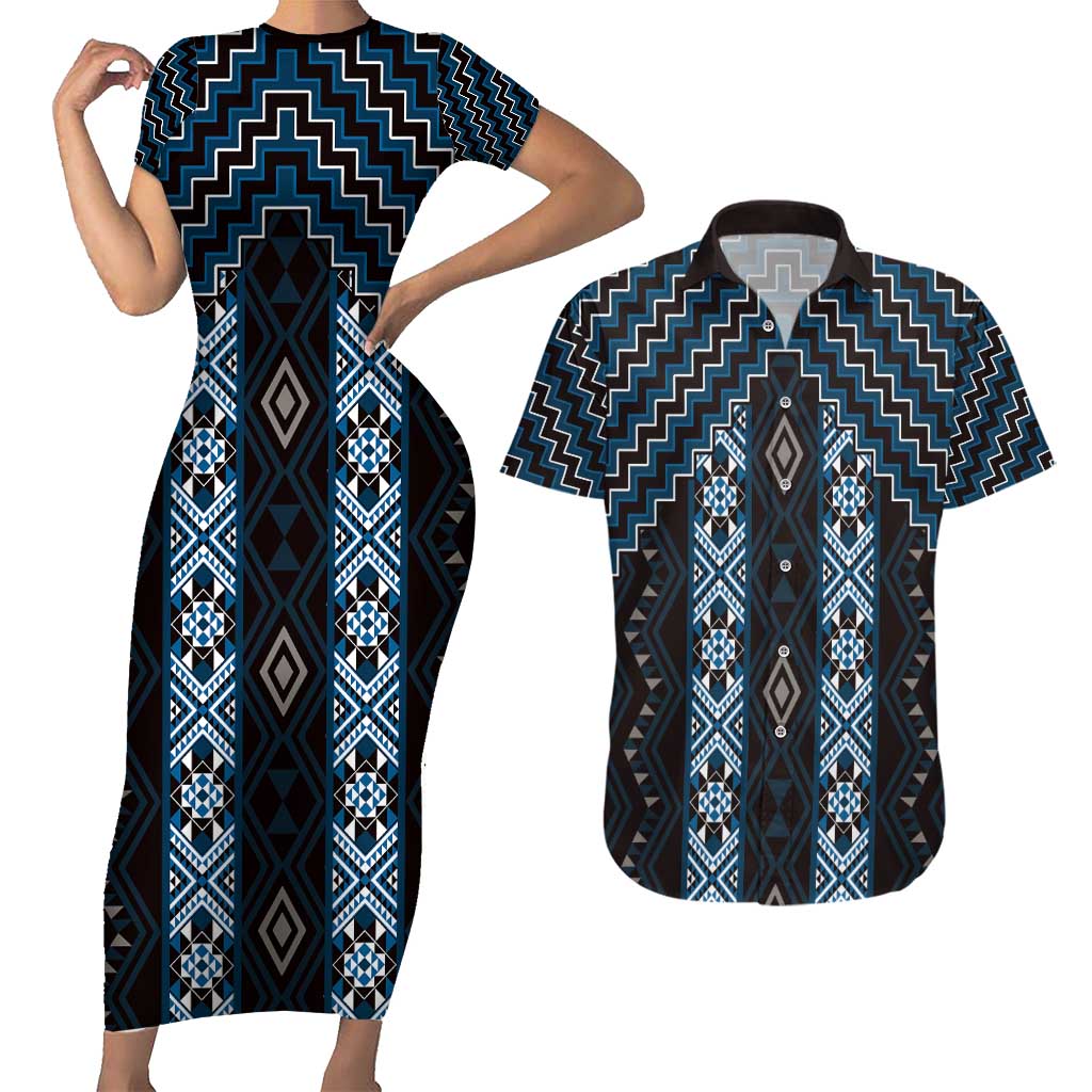 New Zealand Aotearoa Couples Matching Short Sleeve Bodycon Dress and Hawaiian Shirt Blue Poutama With Taniko Pattern