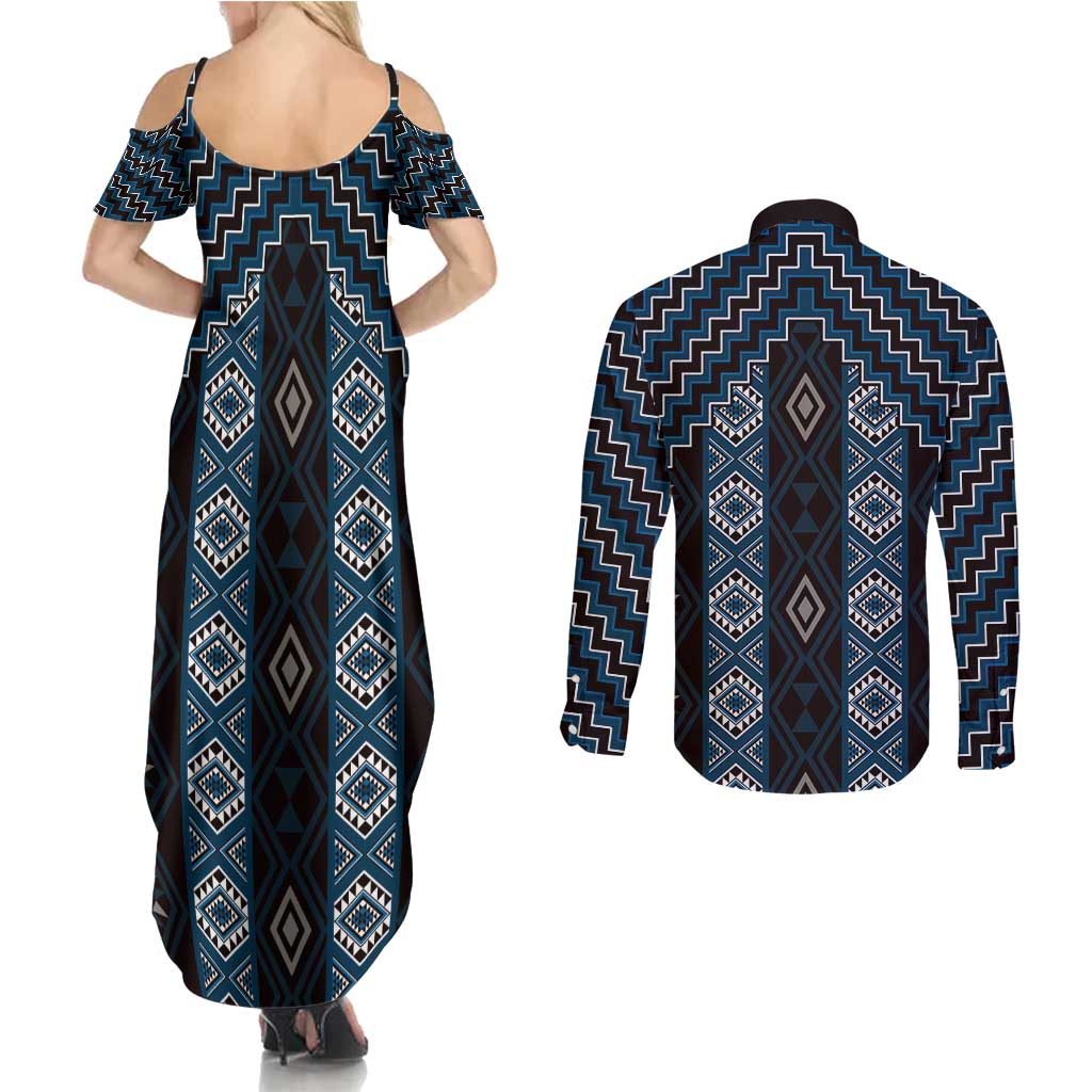 New Zealand Aotearoa Couples Matching Summer Maxi Dress and Long Sleeve Button Shirt Blue Poutama With Taniko Pattern LT05 - Polynesian Pride